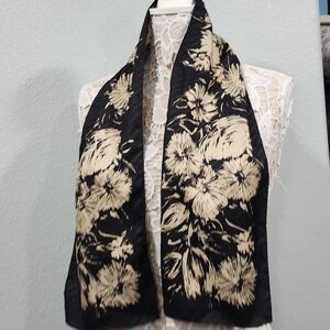 Sally Gee Floral Black and Tan Satin Scarf